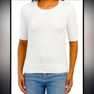 Nanette Lepore Off White Swiss Dot Textured Cotton Blend Sweater Size L